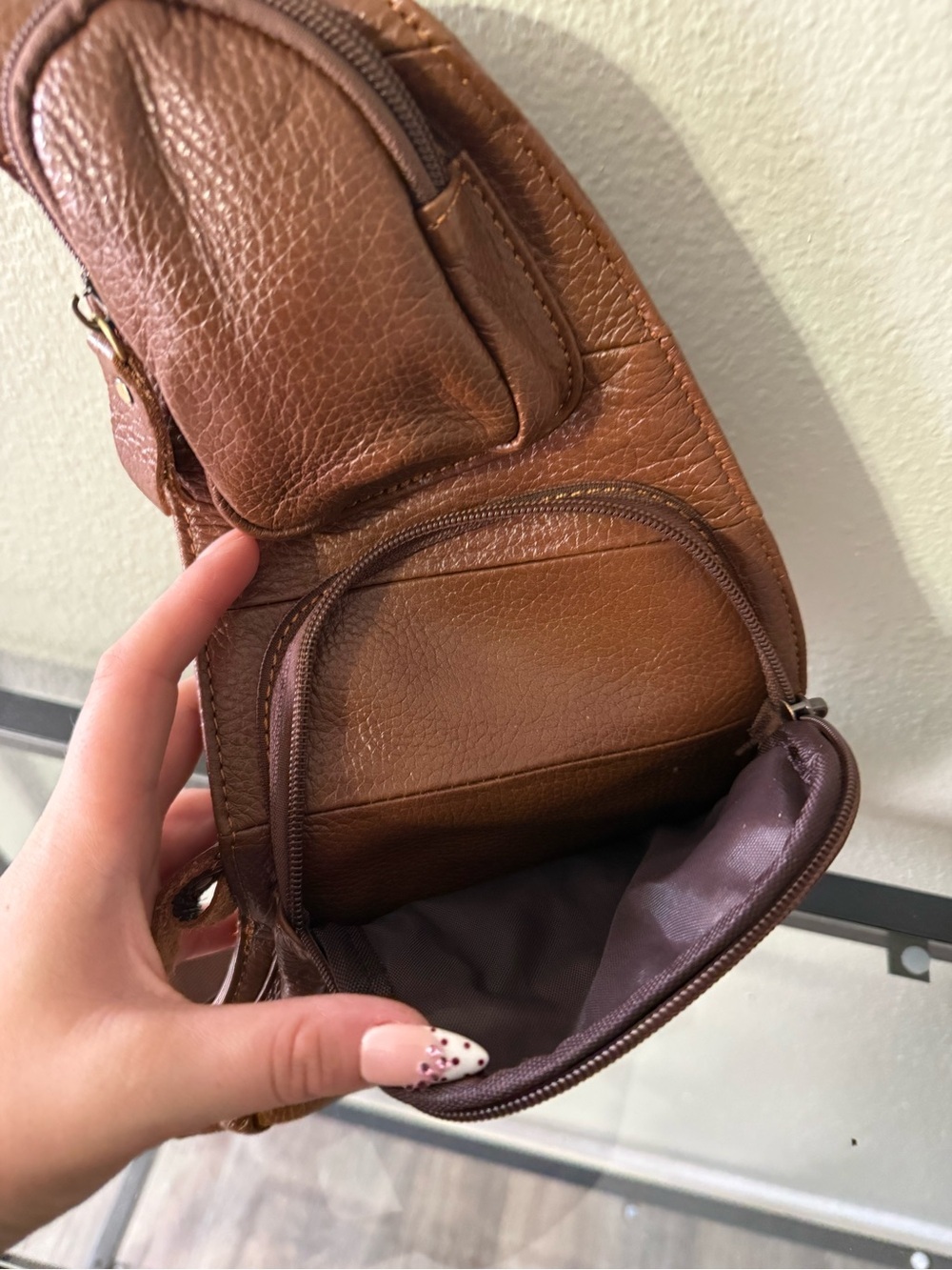Brown Pebbled Leather-Look Sling Bag Multi Pocket Crossbody Backpack - Picture 5 of 7